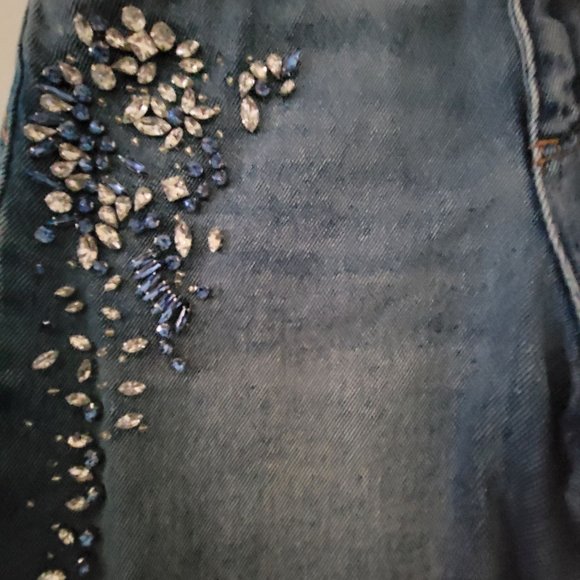 Blue Flare Jeans with Distressed Details and Rhinestone Embellishments - Picture 4 of 8